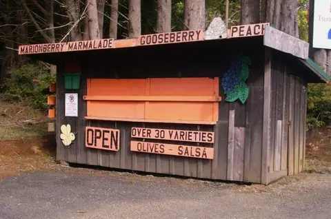 The original Misty Meadows roadside jam shack with hand-painted signs: marionberry, marmalade, gooseberry, peach, over 30 varieties